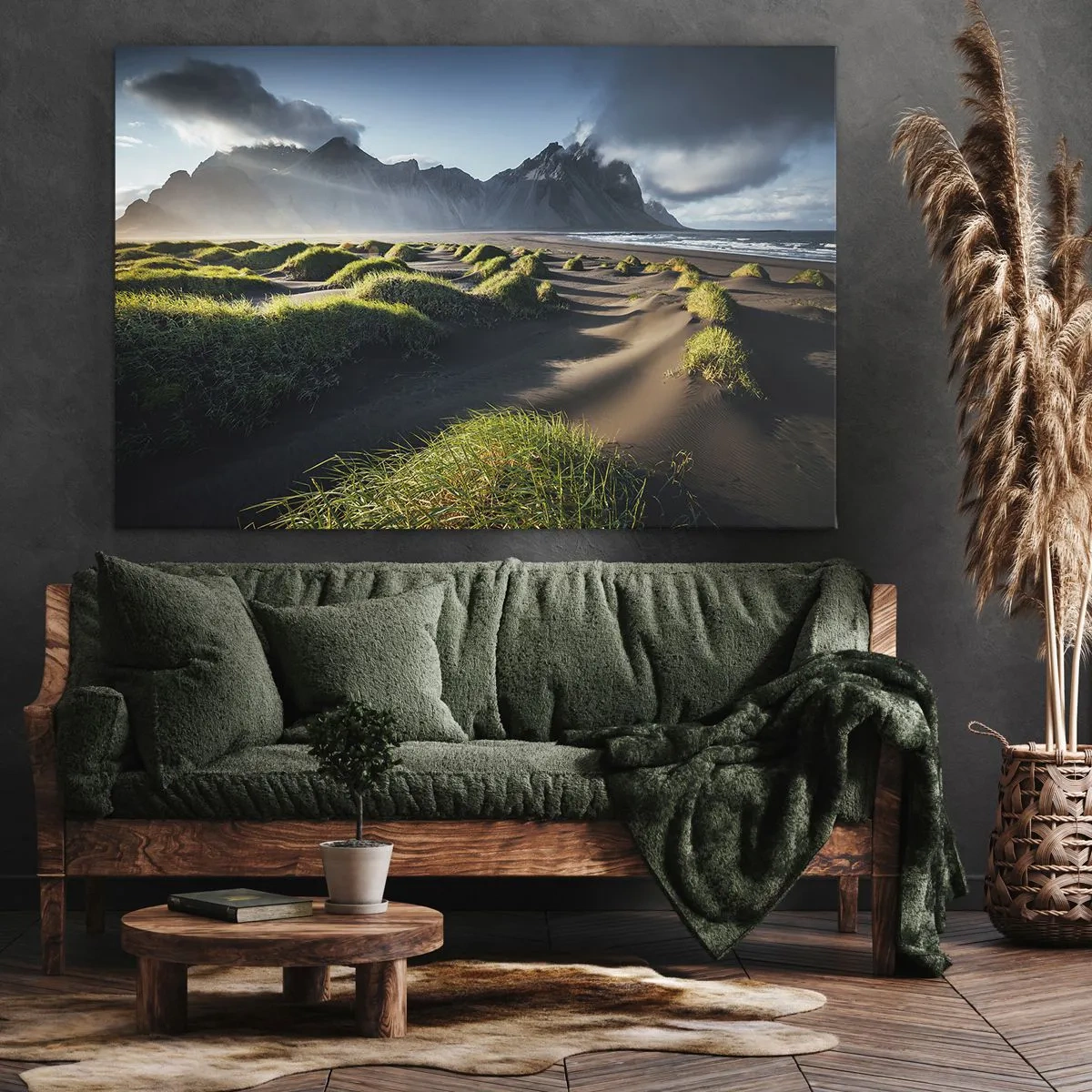 Bild auf Leinwand - Leinwandbild - Grüne Dünen mit Bergkulisse unter blauem Himmel - 120x80cm - Harmonie der Elemente - Moderne Wanddekoration für Wohnzimmer und Schlafzimmer ARTTOR