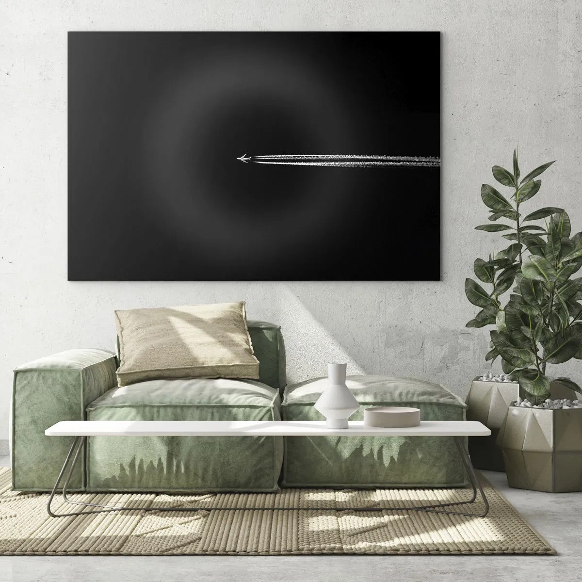Glasbild - Bild auf glas - Ein Düsenflugzeug auf schwarzem Hintergrund mit Kondensstreifen - 70x50cm - In eine andere Dimension - Moderne Wanddekoration für Wohnzimmer und Schlafzimmer ARTTOR