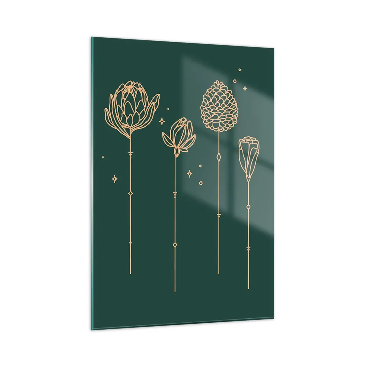 Glasbild - Bild auf glas - Goldene Umrisse von Kräutern und Blumen auf dunkelgrünem Hintergrund - 50x70cm - Familie ZIÓŁkowski - Moderne Wanddekoration für Wohnzimmer und Schlafzimmer ARTTOR