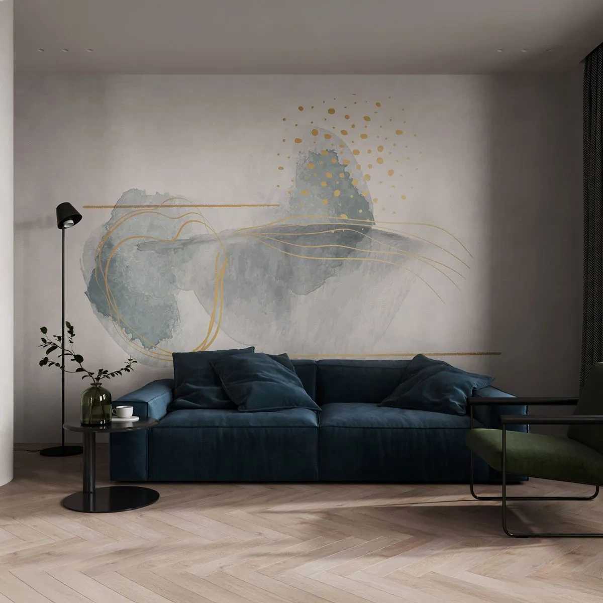 Fototapete Standard Eco - Über das Verhältnis von Grau und Gold - Abstraktion, Stück, Interessante Formen - 350x256 cm