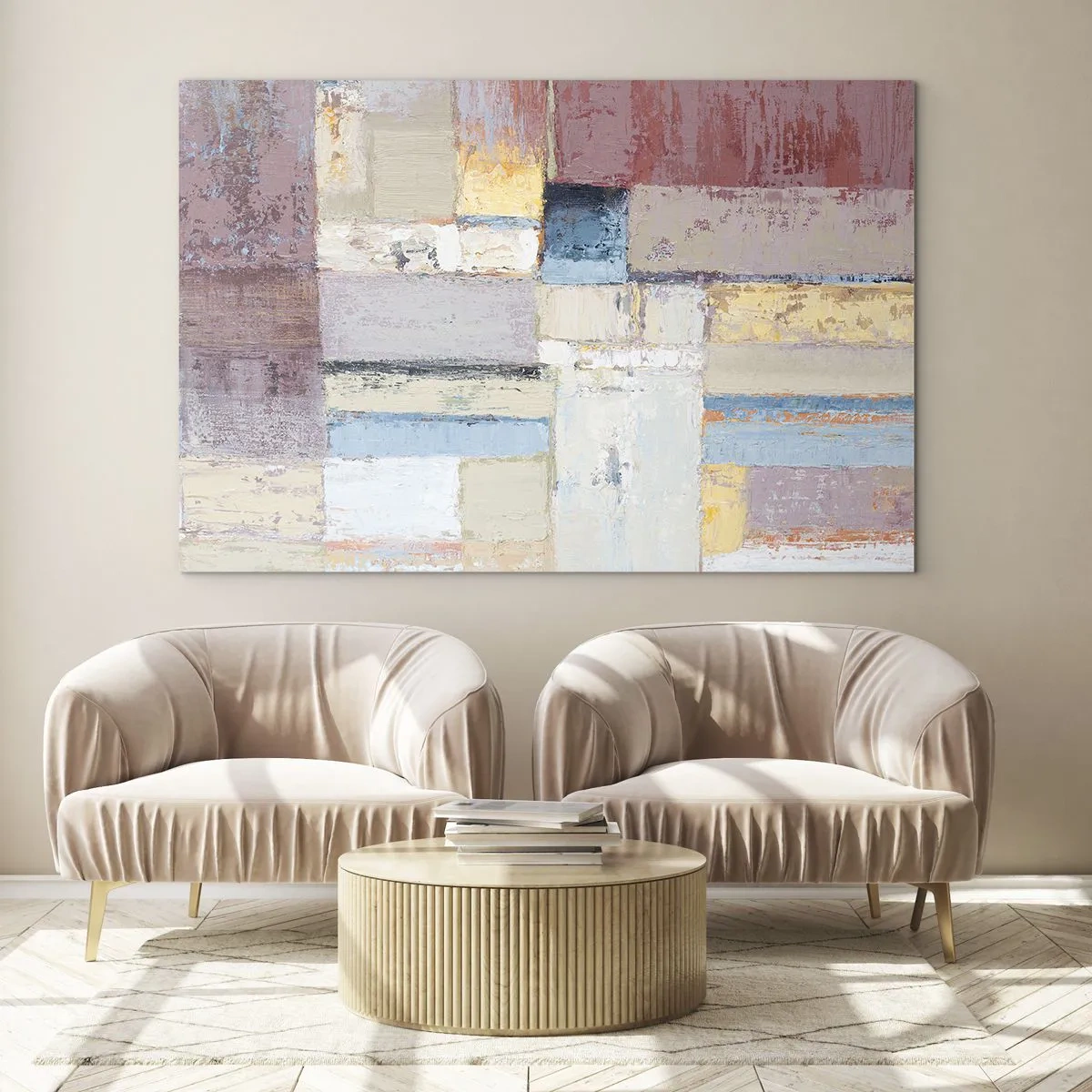 Glasbild - Bild auf glas - Abstrakte geometrische Komposition in Pastellfarben - 70x50cm - Ruhe der Geometrie - Moderne Wanddekoration für Wohnzimmer und Schlafzimmer ARTTOR