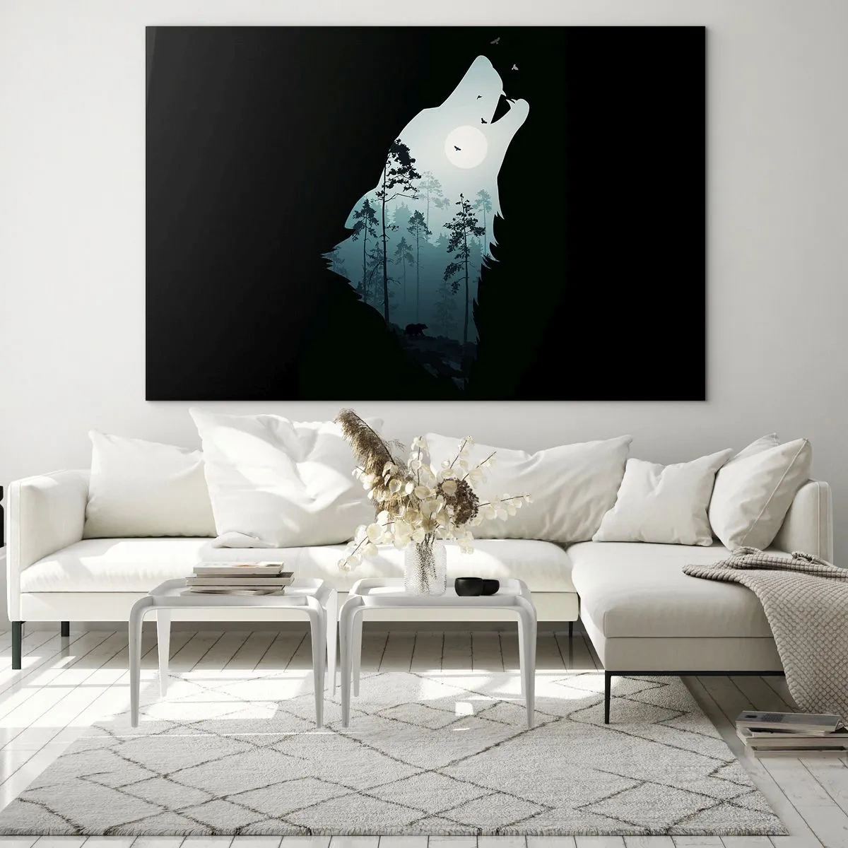 Glasbild - Bild auf glas - Silhouette eines Wolfes mit Wald und Mond im Hintergrund auf schwarzem Hintergrund - 120x80cm - Die Stimme der Waldnacht - Moderne Wanddekoration für Wohnzimmer und Schlafzimmer ARTTOR