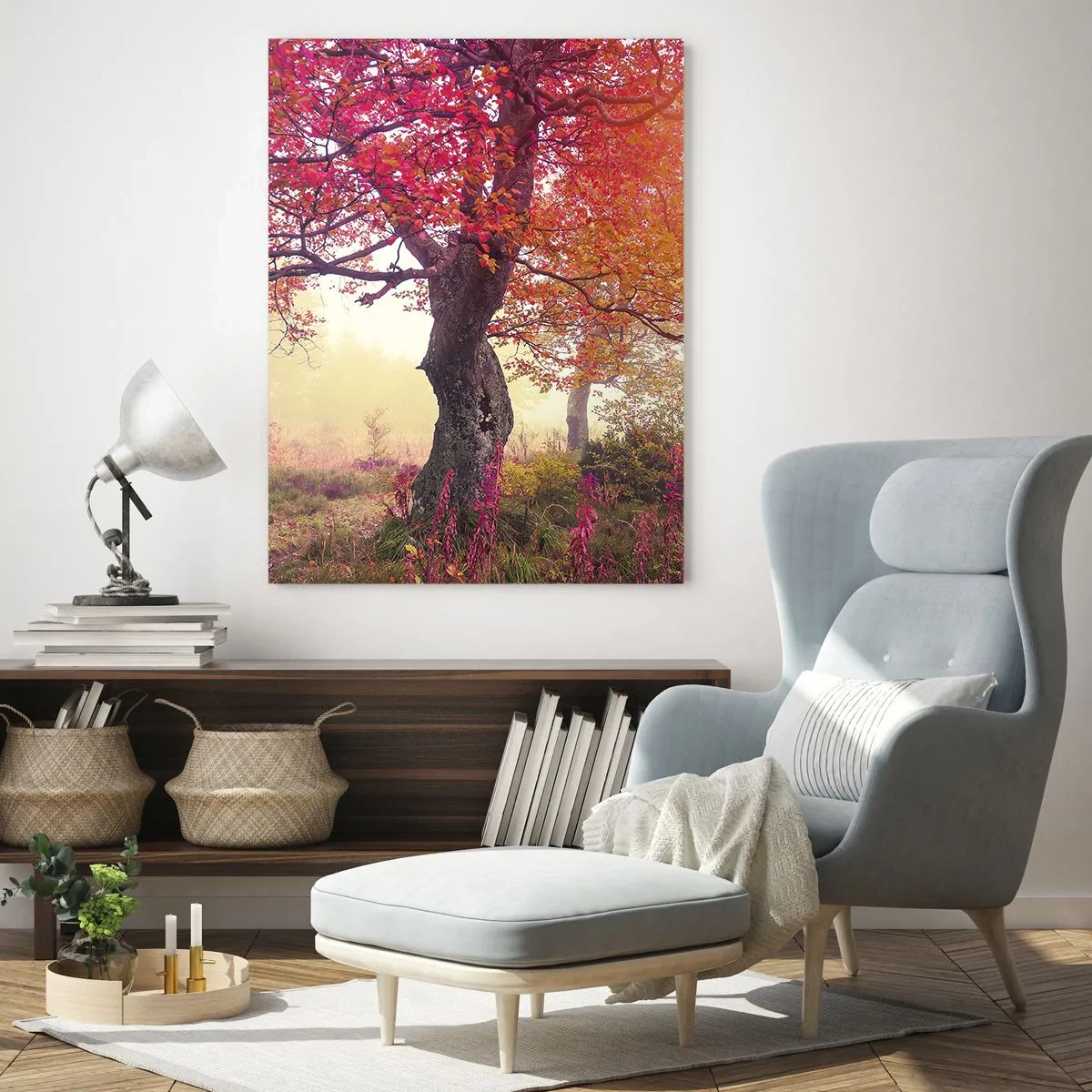 Glasbild - Bild auf glas - Herbstlandschaft mit Bäumen in intensiven Farben - 80x120cm - Blühende Raserei - Moderne Wanddekoration für Wohnzimmer und Schlafzimmer ARTTOR