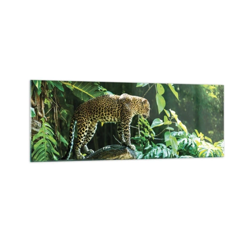 Glasbild - Bild auf glas - Ein Leopard steht auf einem Felsen, umgeben von tropischer Vegetation - 140x50cm - Auf die Jagd? - Moderne Wanddekoration für Wohnzimmer und Schlafzimmer ARTTOR