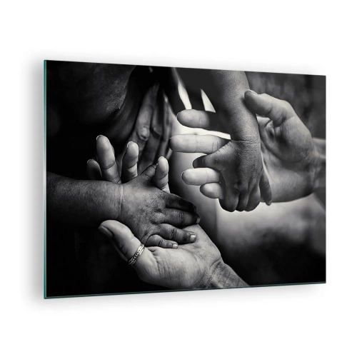Glasbild - Bild auf glas - Symbolischer schwarz-weißer Händedruck verschiedener Generationen - 70x50cm - Mensch sein - Moderne Wanddekoration für Wohnzimmer und Schlafzimmer ARTTOR