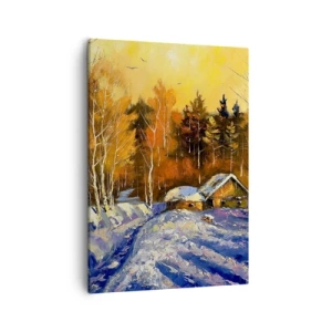 Bild auf Leinwand - Leinwandbild - Winterlandschaft mit einem Haus im Licht der untergehenden Sonne - 50x70cm - Wintereindruck in der Sonne - Moderne Wanddekoration für Wohnzimmer und Schlafzimmer ARTTOR