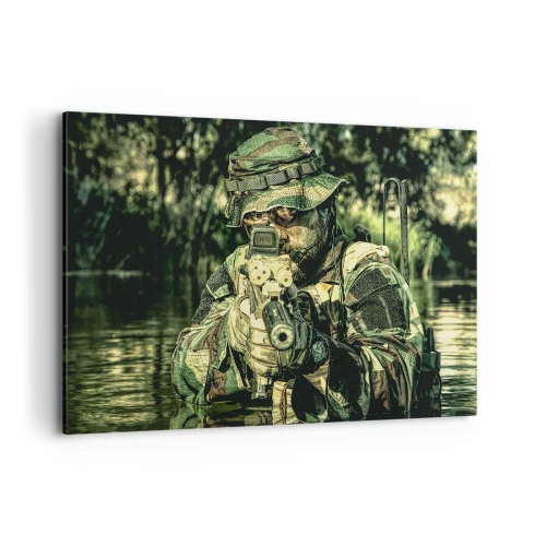 Bild auf Leinwand - Leinwandbild - Ein Soldat in Tarnkleidung zielt durch das Wasser. - 100x70cm - Das Beste vom Besten - Moderne Wanddekoration für Wohnzimmer und Schlafzimmer ARTTOR