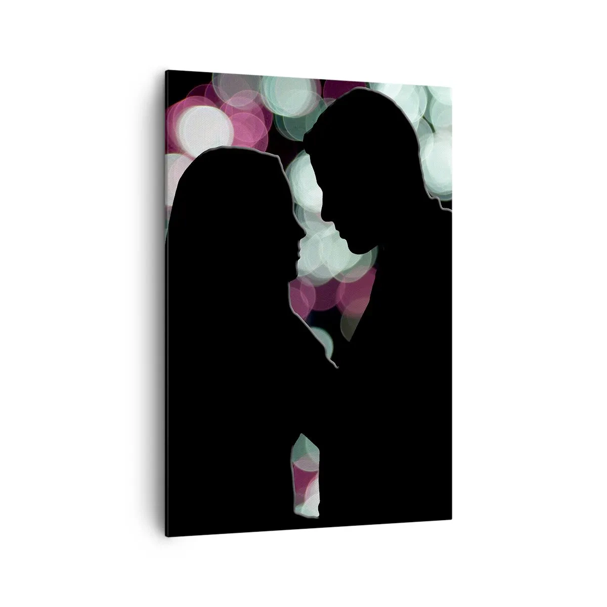 Bild auf Leinwand - Leinwandbild - Silhouetten eines Paares vor dem Hintergrund bunter Bokeh-Lichter - 70x100cm - Jawohl! - Moderne Wanddekoration für Wohnzimmer und Schlafzimmer ARTTOR