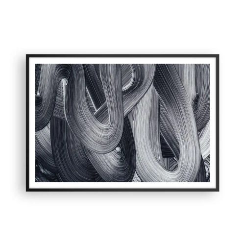 Poster in einem schwarzem Rahmen - Schwarz-Weiß-Abstraktion mit dynamischen Pinselstrichen. - 100x70cm - Die Fließfähigkeit der Realität - Moderne Wanddekoration für Wohnzimmer und Schlafzimmer ARTTOR