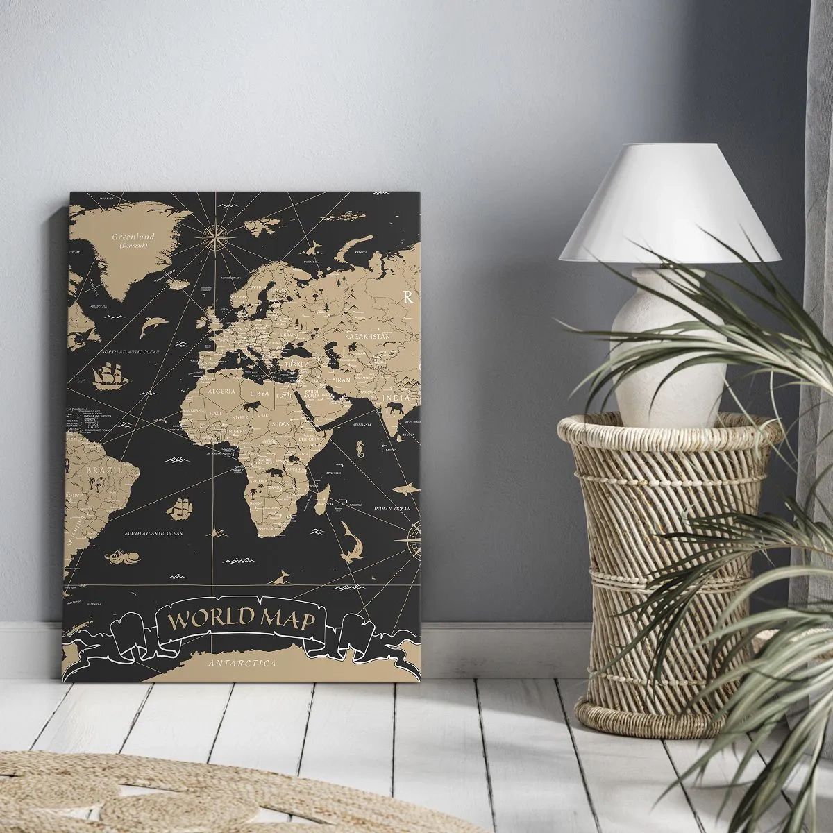 Bild auf Leinwand - Leinwandbild - Eine stilisierte Weltkarte auf schwarzem Hintergrund mit beigen Akzenten. - 50x70cm - Die Grenzen meiner Welt - Moderne Wanddekoration für Wohnzimmer und Schlafzimmer ARTTOR
