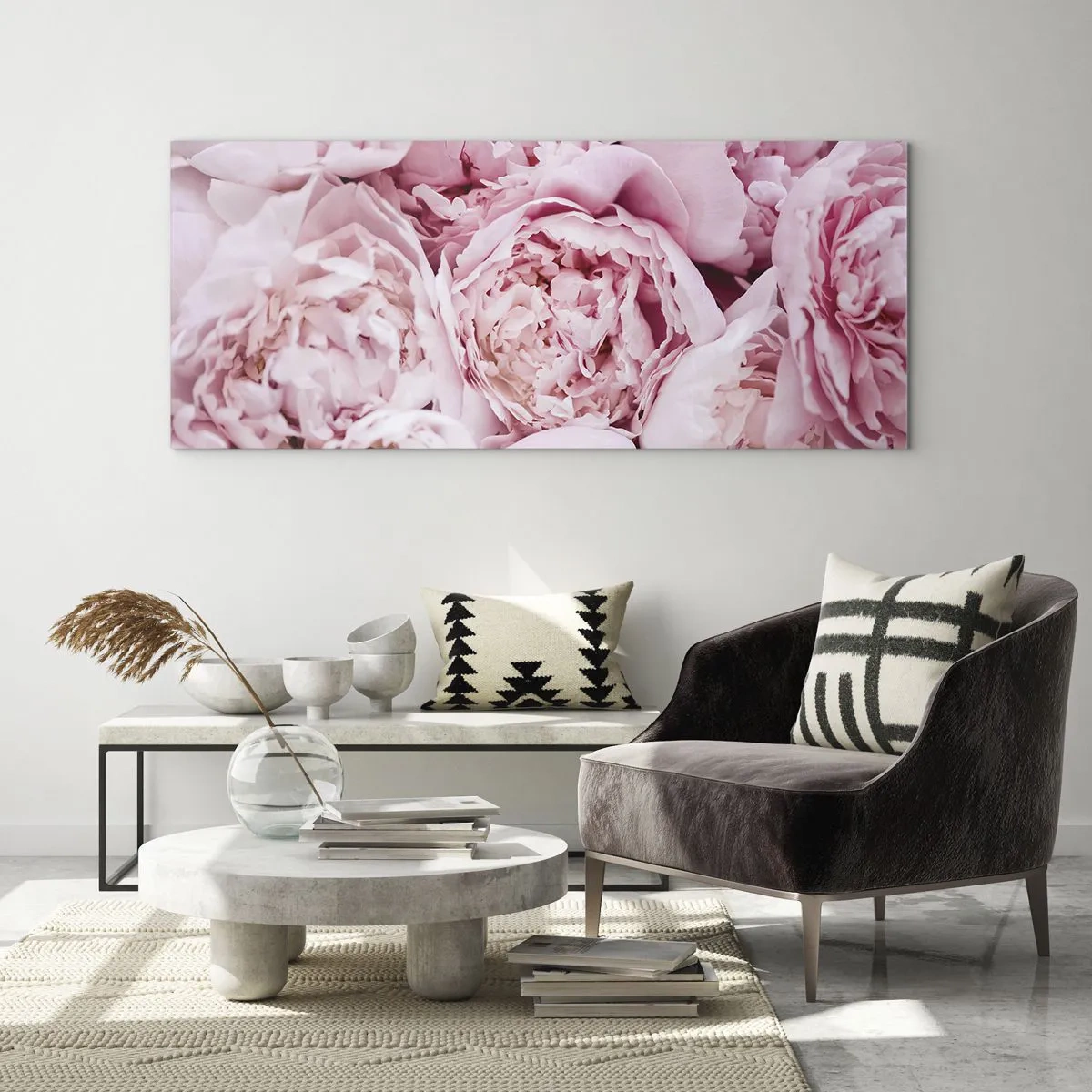 Glasbild - Bild auf glas - Eine Nahaufnahme eines Straußes rosa Pfingstrosen - 160x50cm - Anschmiegsam und duftend - Moderne Wanddekoration für Wohnzimmer und Schlafzimmer ARTTOR
