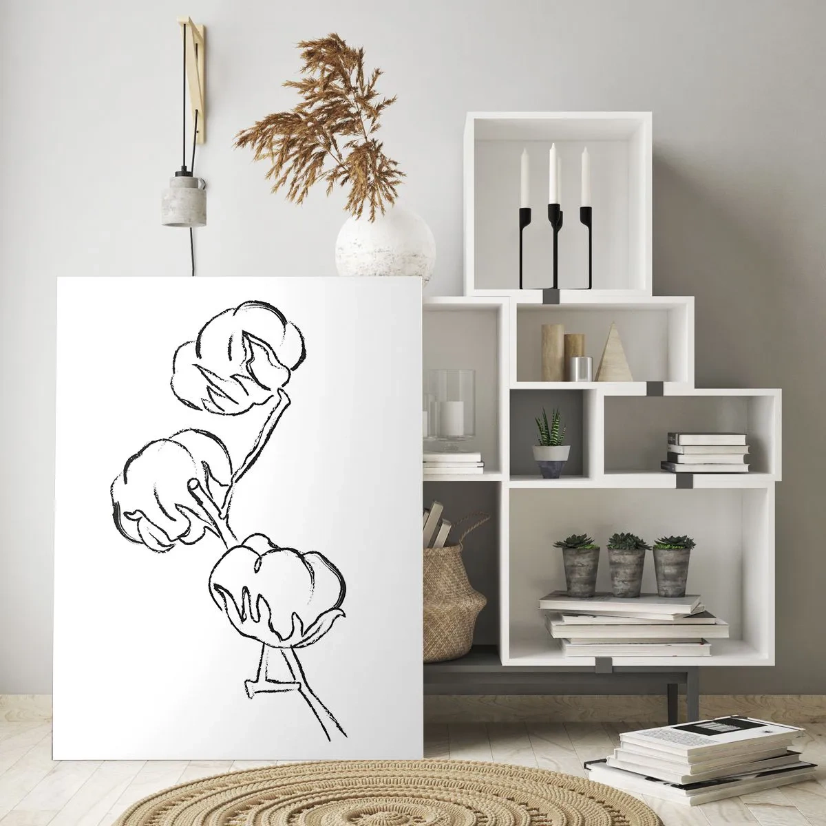 Glasbild - Bild auf glas - Ein zarter Umriss eines Baumwollzweigs auf weißem Hintergrund - 70x100cm - Baumwolldaunen - Moderne Wanddekoration für Wohnzimmer und Schlafzimmer ARTTOR