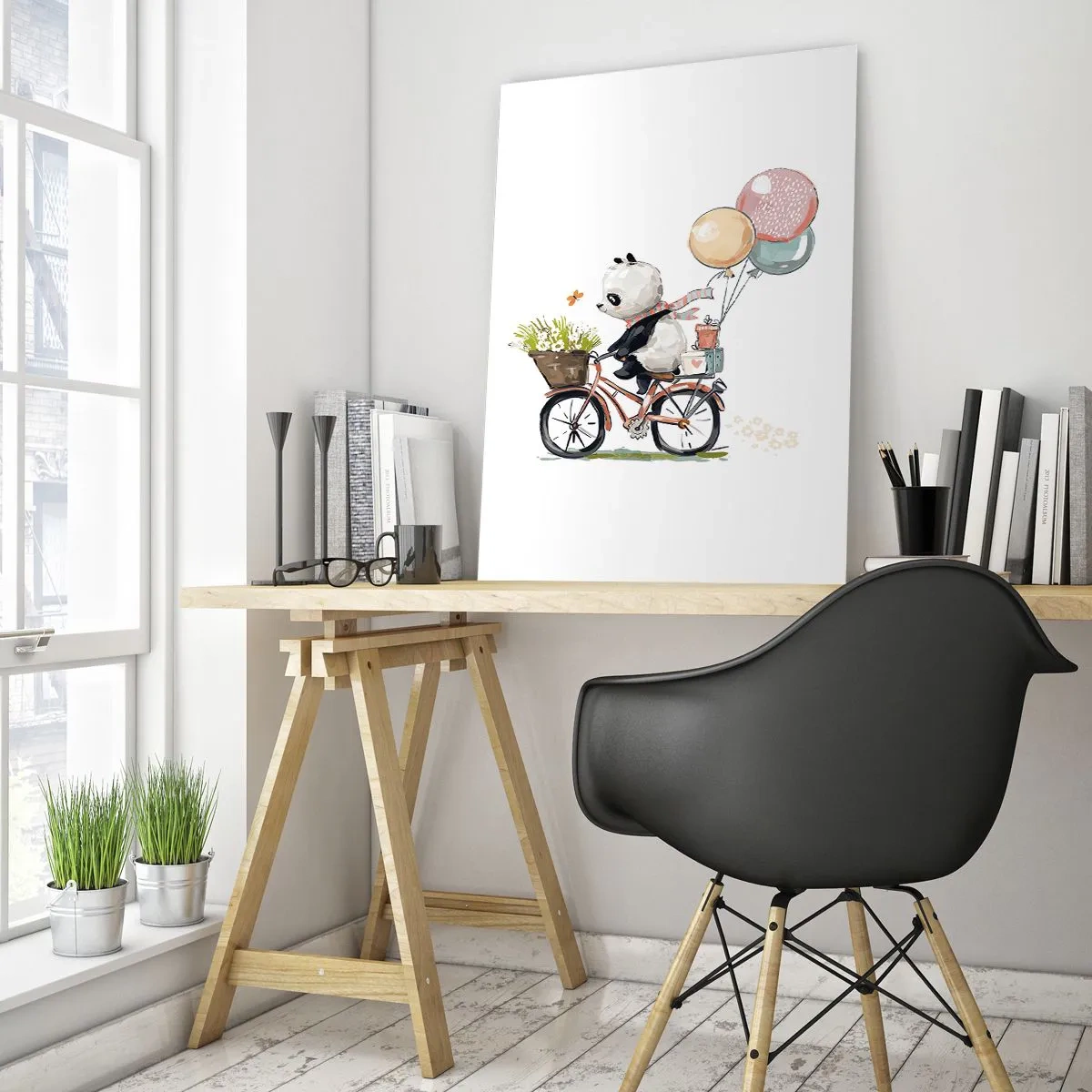 Glasbild - Bild auf glas - Ein Panda auf einem Fahrrad mit Luftballons und einem Blumenkorb. - 50x70cm - Glücklicher Tag - Moderne Wanddekoration für Wohnzimmer und Schlafzimmer ARTTOR