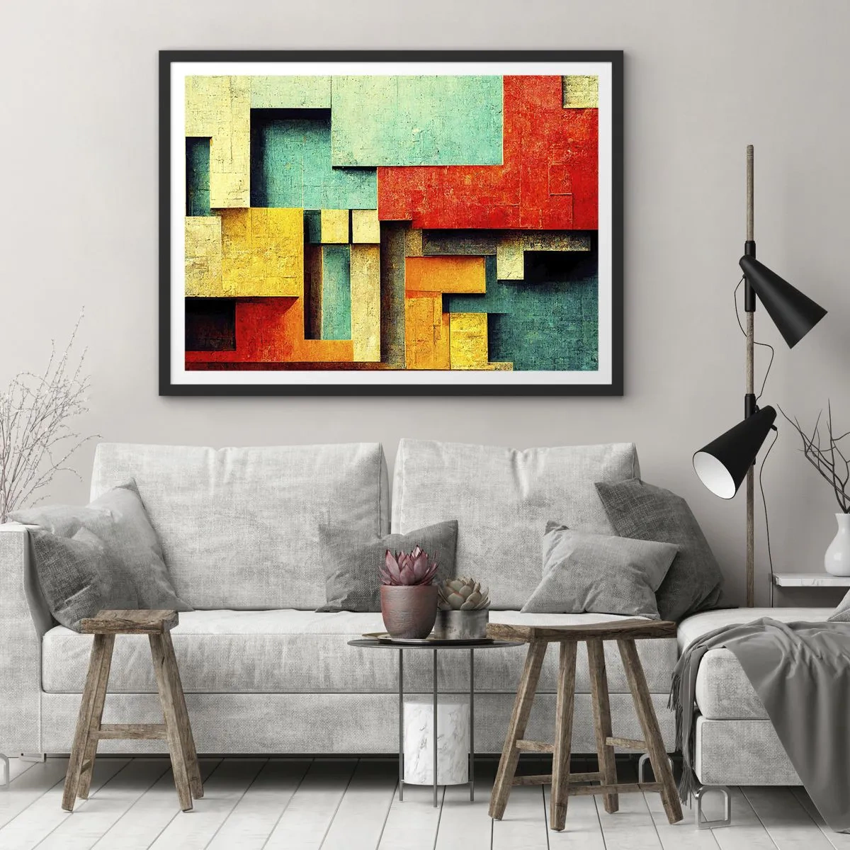 Poster in einem schwarzem Rahmen - Abstrakte geometrische Formen in leuchtenden Farben - 70x50cm - Festival der rechten Winkel - Moderne Wanddekoration für Wohnzimmer und Schlafzimmer ARTTOR