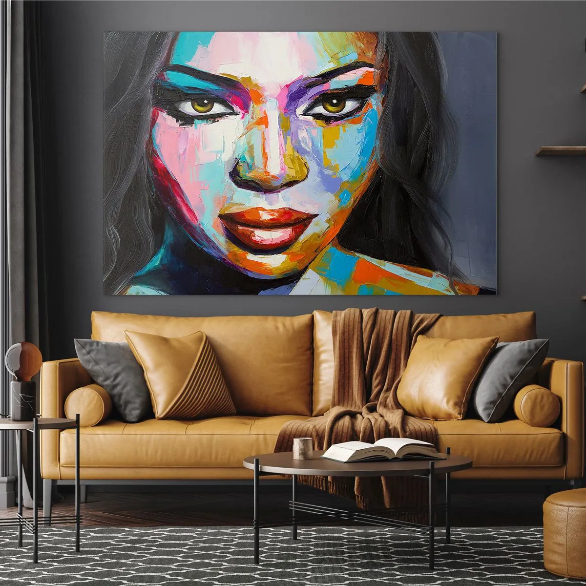 Glasbild - Bild auf glas - Ein farbenfrohes Frauenporträt in einem unverwechselbaren Stil - 120x80cm - Es ist unmöglich die Augen abzuwenden - Moderne Wanddekoration für Wohnzimmer und Schlafzimmer ARTTOR