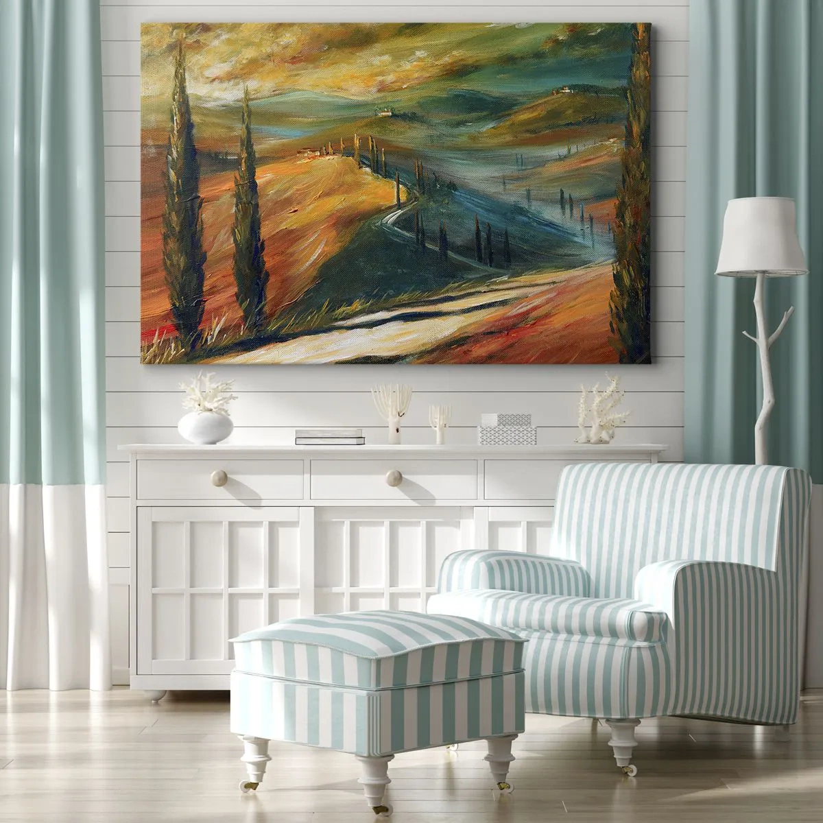 Bild auf Leinwand - Leinwandbild - Toskanische Landschaft mit Feldern, Straße und Zypressen - 120x80cm - Toskanische Landschaft - Moderne Wanddekoration für Wohnzimmer und Schlafzimmer ARTTOR