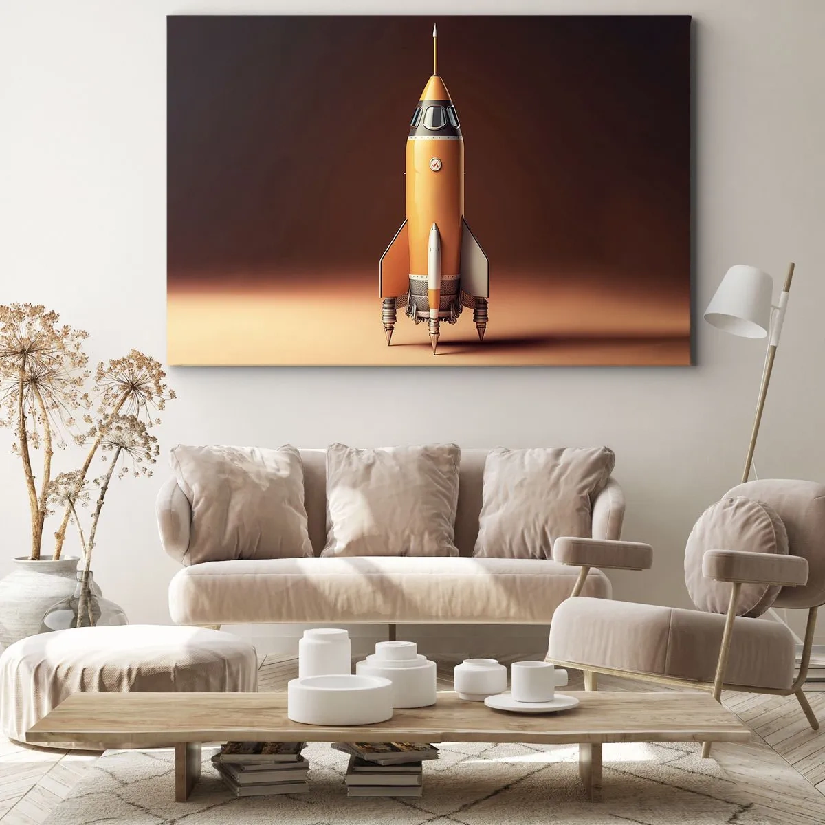 Bild auf Leinwand - Leinwandbild - Eine Rakete im Retro-Stil vor einem Hintergrund in Brauntönen - 120x80cm - Es beginnt mit einem Traum - Moderne Wanddekoration für Wohnzimmer und Schlafzimmer ARTTOR