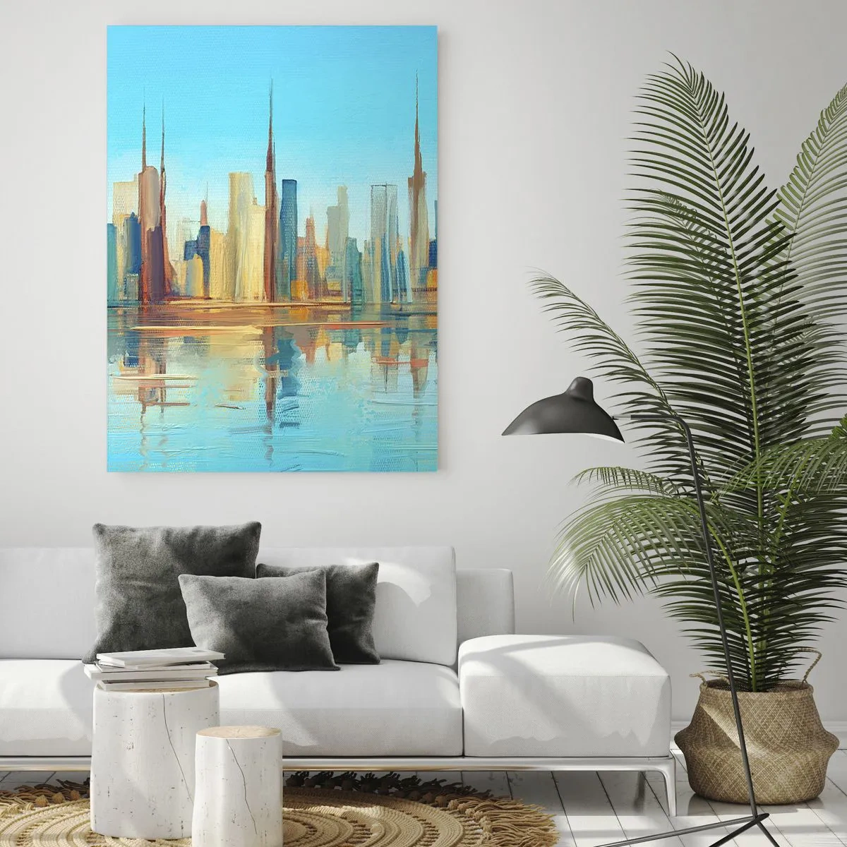 Glasbild - Bild auf glas - Ein Panorama der Stadt in warmen Farben mit Spiegelung im Wasser - 80x120cm - Sonnige Metropole - Moderne Wanddekoration für Wohnzimmer und Schlafzimmer ARTTOR