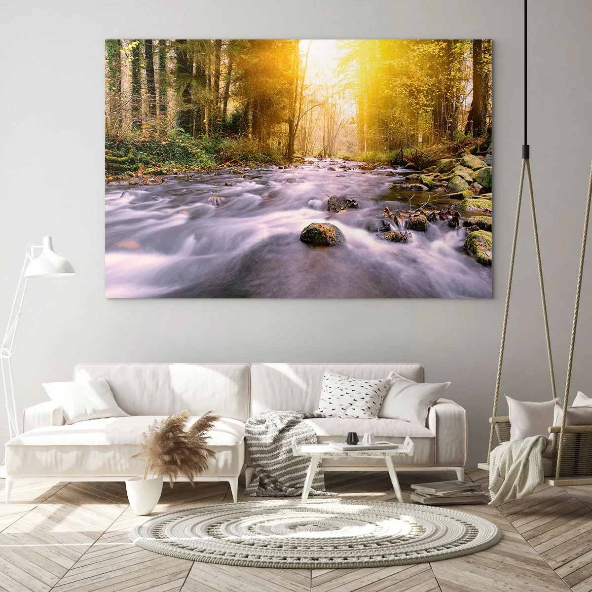 Glasbild - Bild auf glas - Waldbach im Sonnenlicht - 100x70cm - Malachit im Silber- und Goldrahmen - Moderne Wanddekoration für Wohnzimmer und Schlafzimmer ARTTOR