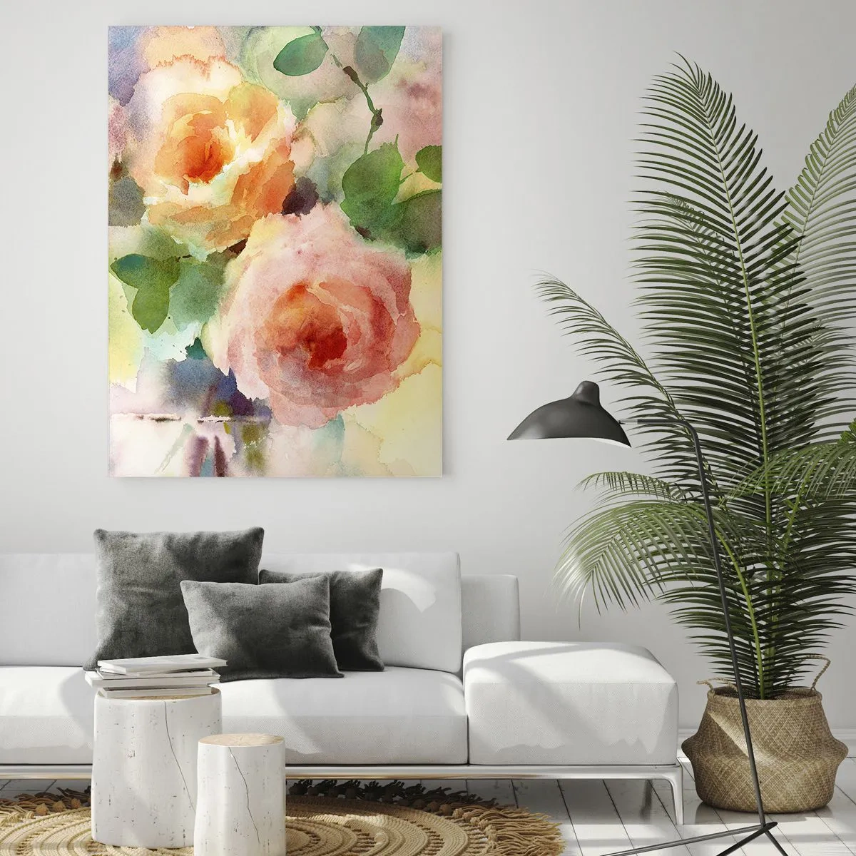 Glasbild - Bild auf glas - Ein Aquarellgemälde von Rosen in zarten Pastellfarben. - 50x70cm - Zart wie Aquarell - Moderne Wanddekoration für Wohnzimmer und Schlafzimmer ARTTOR