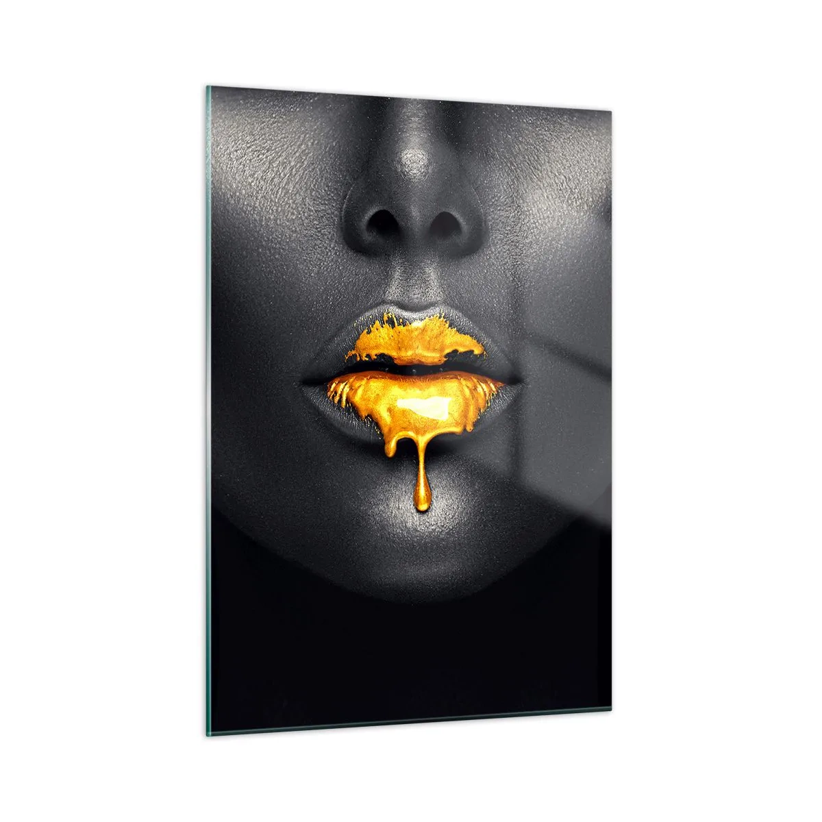 Glasbild - Bild auf glas - Schwarz-goldenes Porträt einer Frau mit glänzenden Lippen - 50x70cm - Goldmaul - Moderne Wanddekoration für Wohnzimmer und Schlafzimmer ARTTOR