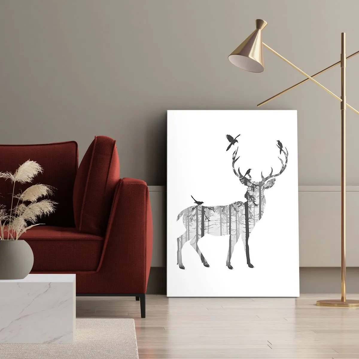 Bild auf Leinwand - Leinwandbild - Silhouette eines Hirsches mit Wald und Vögeln - 50x70cm - Guter Waldgeist - Moderne Wanddekoration für Wohnzimmer und Schlafzimmer ARTTOR