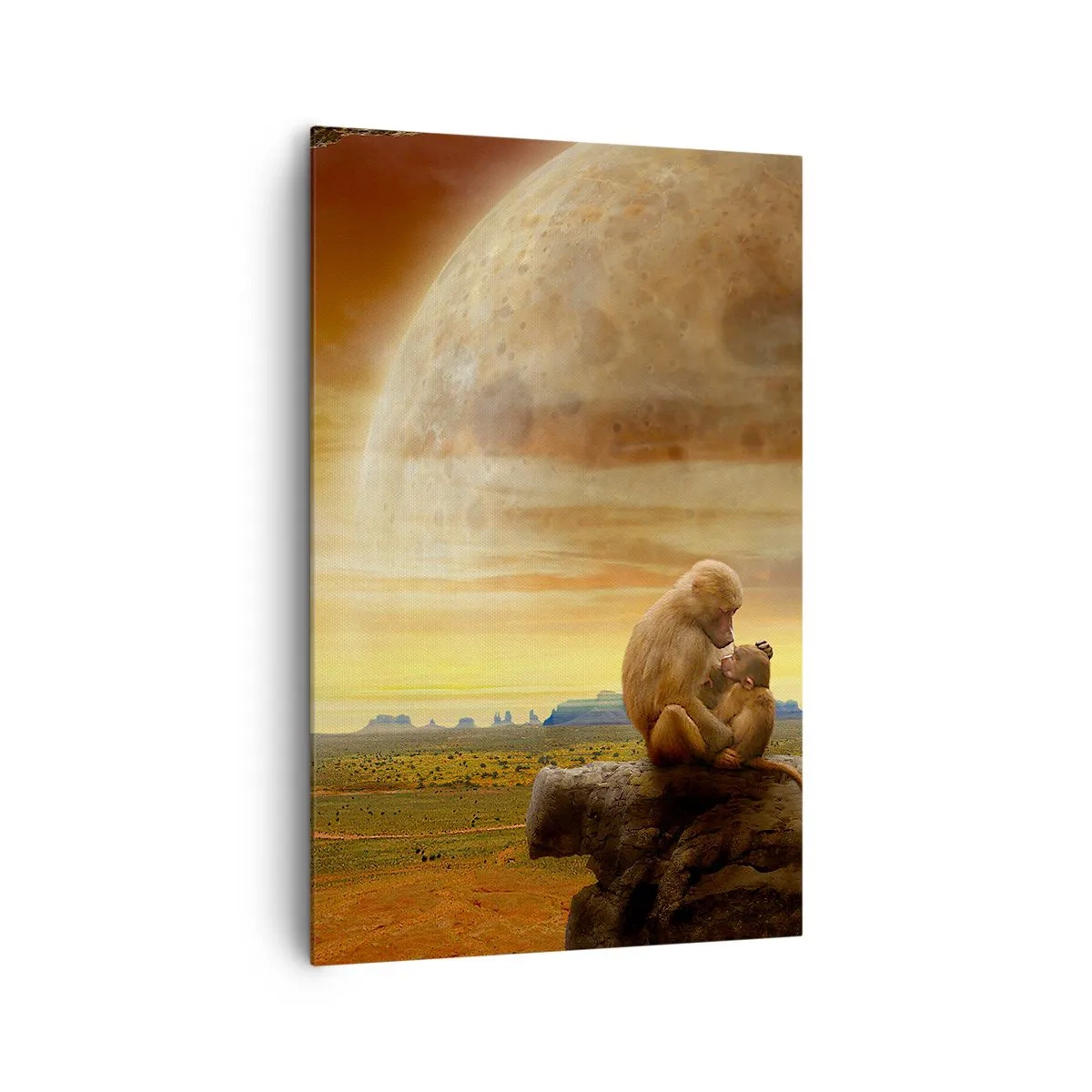 Bild auf Leinwand - Leinwandbild - Affen sitzen auf einem Felsen in einer surrealen Landschaft mit einem riesigen Planeten - 80x120cm - Die Liebe ist überall gleich - Moderne Wanddekoration für Wohnzimmer und Schlafzimmer ARTTOR