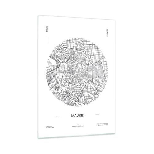Glasbild - Bild auf glas - Eine minimalistische schwarz-weiße Karte von Madrid in kreisförmiger Form. - 50x70cm - Anatomie von Madrid - Moderne Wanddekoration für Wohnzimmer und Schlafzimmer ARTTOR