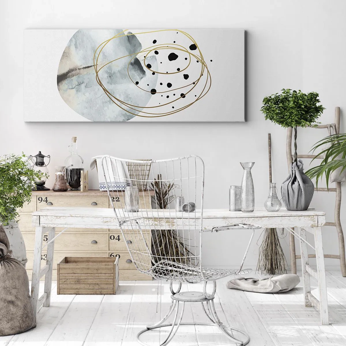 Bild auf Leinwand - Leinwandbild - Minimalistische Abstraktion mit geometrischem Muster und goldenen Linien - 160x50cm - Vom Weltraum umarmt - Moderne Wanddekoration für Wohnzimmer und Schlafzimmer ARTTOR