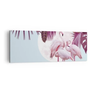 Bild auf Leinwand - Leinwandbild - Rosa Flamingos vor dem Hintergrund des Mondes und tropischer Blätter - 140x50cm - Drei Vogelgnaden - Moderne Wanddekoration für Wohnzimmer und Schlafzimmer ARTTOR