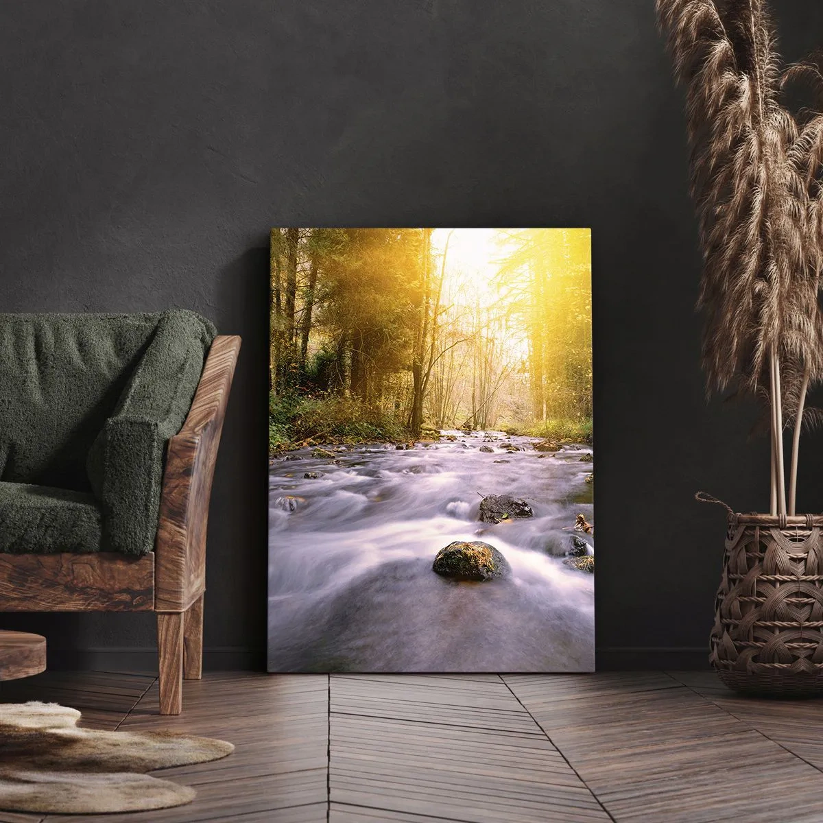 Bild auf Leinwand - Leinwandbild - Ein Waldbach, beleuchtet von den Sonnenstrahlen - 50x70cm - Malachit im Silber- und Goldrahmen - Moderne Wanddekoration für Wohnzimmer und Schlafzimmer ARTTOR
