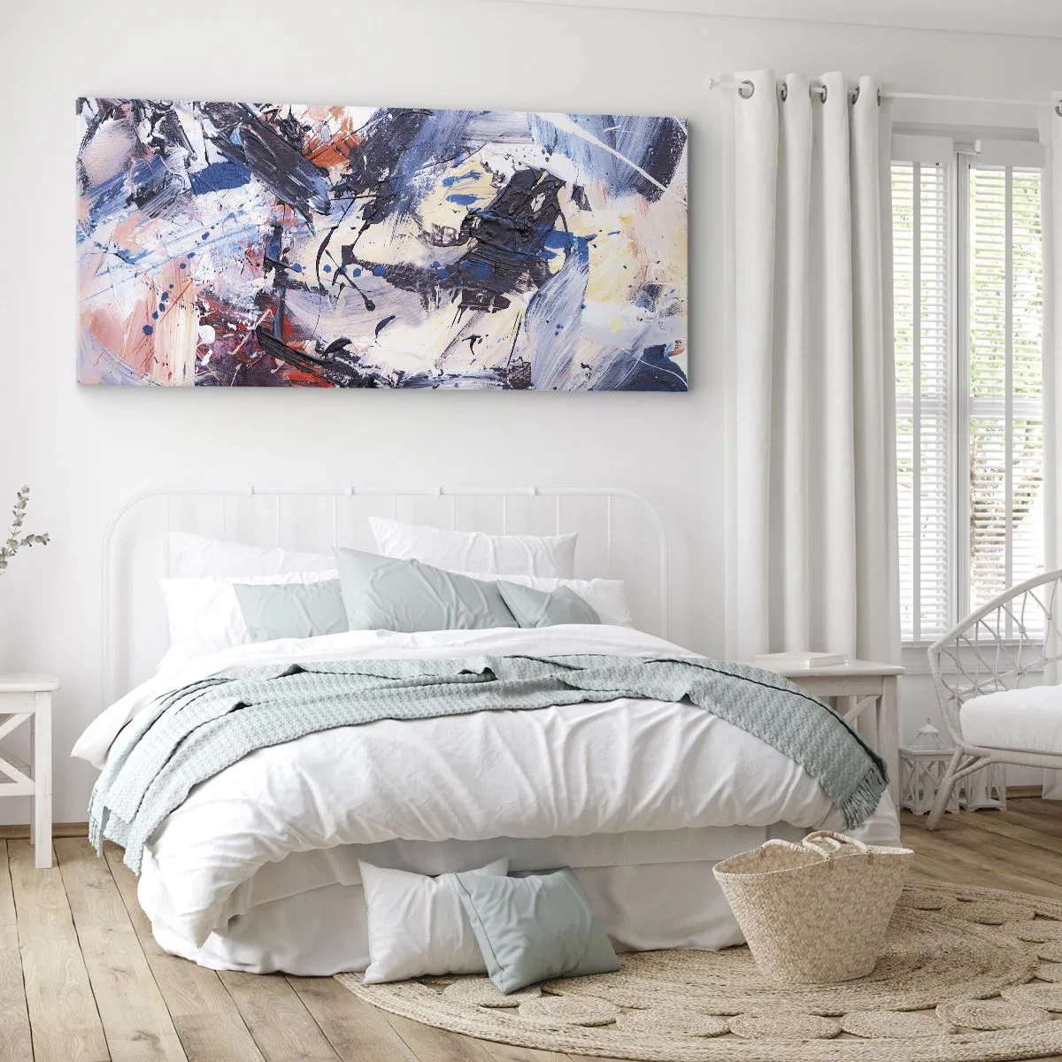 Bild auf Leinwand - Leinwandbild - Abstraktion mit dynamischen Pinselstrichen in Blau und Rot. - 160x50cm - Verrückter Tanz der Abstraktion - Moderne Wanddekoration für Wohnzimmer und Schlafzimmer ARTTOR