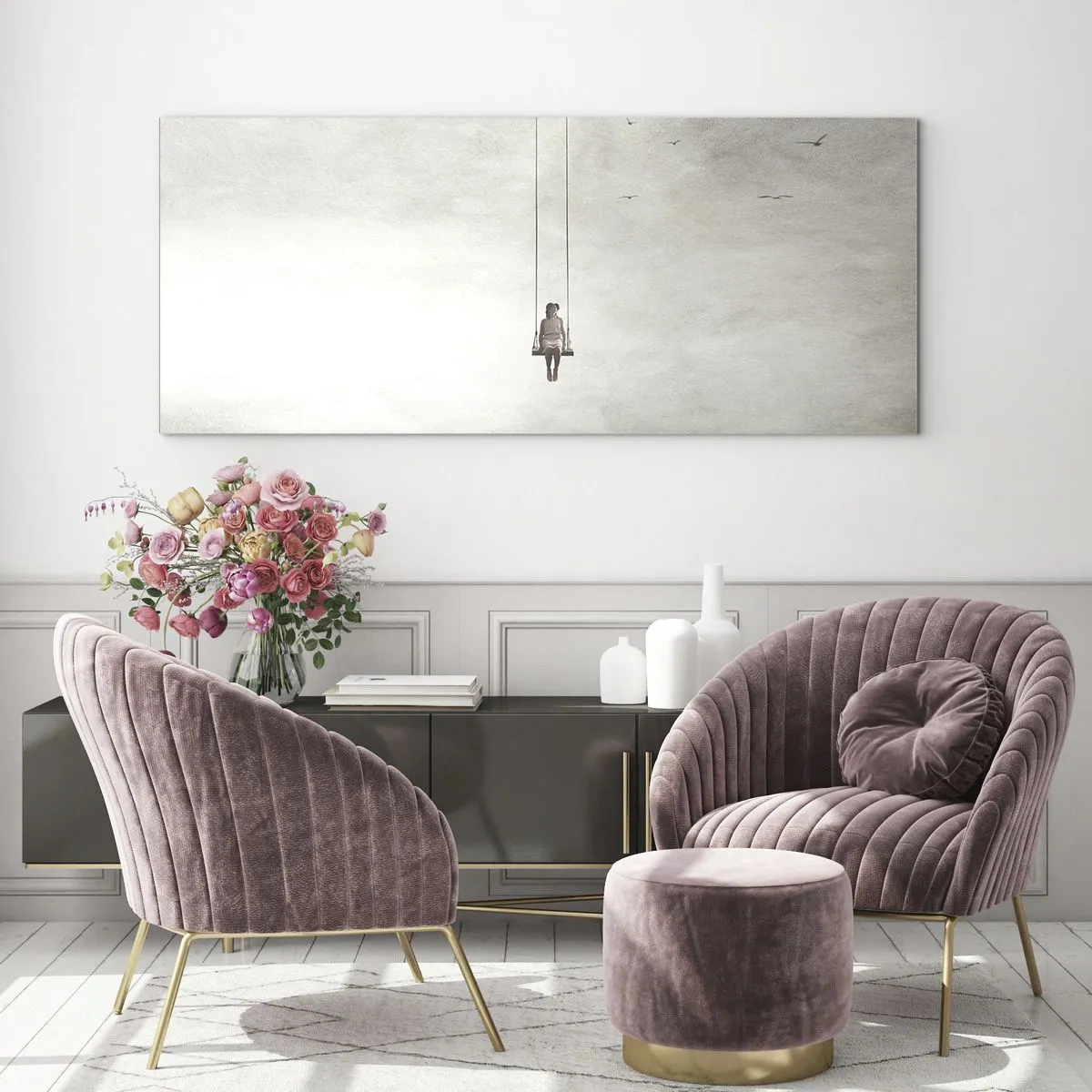 Glasbild - Bild auf glas - Eine Figur auf einer Schaukel, die im Raum schwebt - 140x50cm - Ein Kind in uns - Moderne Wanddekoration für Wohnzimmer und Schlafzimmer ARTTOR