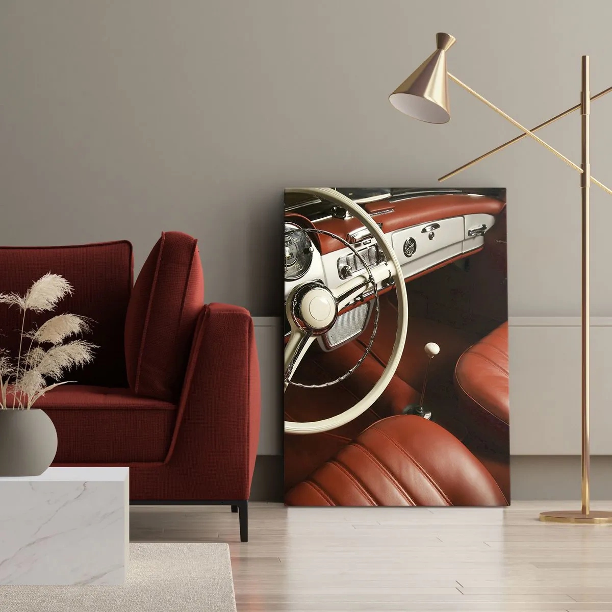 Bild auf Leinwand - Leinwandbild - Oldtimer-Innenraum mit roten Ledersitzen - 80x120cm - Luxus im Vintagestil - Moderne Wanddekoration für Wohnzimmer und Schlafzimmer ARTTOR
