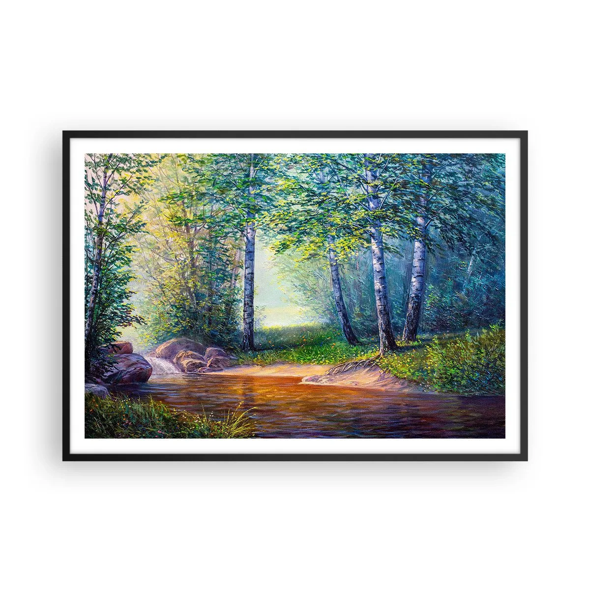 Poster in einem schwarzem Rahmen - Ein Waldbach, umgeben von Birken und Sonnenschein - 100x70cm - Idyllische Landschaft - Moderne Wanddekoration für Wohnzimmer und Schlafzimmer ARTTOR