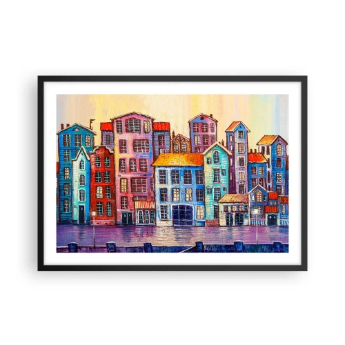 Poster in einem schwarzem Rahmen - Bunte Mietshäuser am Wasser im künstlerischen Stil - 70x50cm - Stadt wie aus einem Märchen - Moderne Wanddekoration für Wohnzimmer und Schlafzimmer ARTTOR