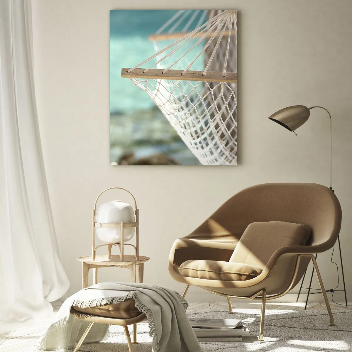 Glasbild - Bild auf glas - Eine Hängematte mit Blick auf das türkisfarbene Wasser - 80x120cm - Zeit zum Entspannen - Moderne Wanddekoration für Wohnzimmer und Schlafzimmer ARTTOR