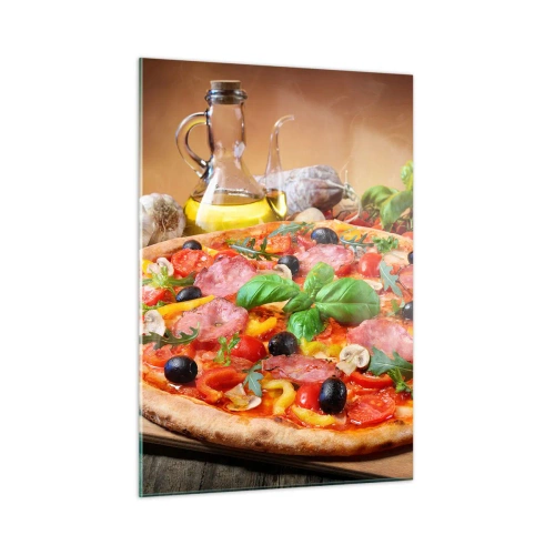 Glasbild - Bild auf glas - Pizza mit Belag auf einem Holztisch mit Olivenöl und Gewürzen - 50x70cm - Mit echtem italienischem Flair - Moderne Wanddekoration für Wohnzimmer und Schlafzimmer ARTTOR