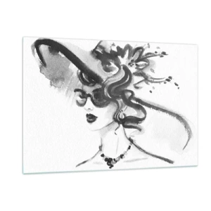 Glasbild - Bild auf glas - Schwarz-Weiß-Porträt einer Frau mit Hut - 120x80cm - Eine Dame mit Charakter - Moderne Wanddekoration für Wohnzimmer und Schlafzimmer ARTTOR