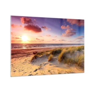 Glasbild - Bild auf glas - Strand mit Dünen bei Sonnenuntergang - 100x70cm - Die Luft riecht schon im Sommer - Moderne Wanddekoration für Wohnzimmer und Schlafzimmer ARTTOR