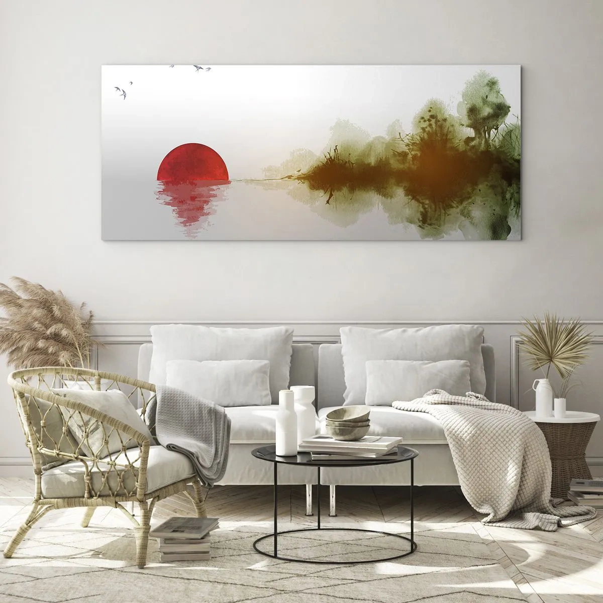 Glasbild - Bild auf glas - Abstrakter Sonnenuntergang über einem See mit Reflexion - 160x50cm - Versprechen der Ruhe - Moderne Wanddekoration für Wohnzimmer und Schlafzimmer ARTTOR