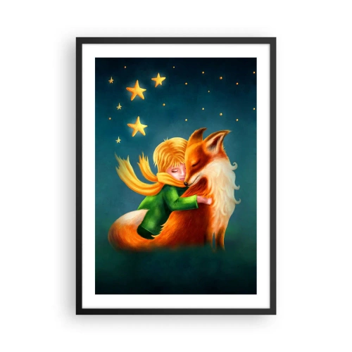 Poster in einem schwarzem Rahmen - Eine Figur mit einem Fuchs in einer zauberhaften Sternenkulisse - 50x70cm - Kleiner Prinz - Moderne Wanddekoration für Wohnzimmer und Schlafzimmer ARTTOR