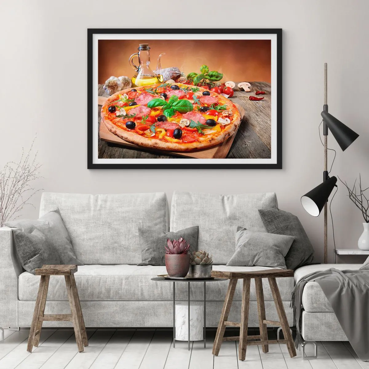 Poster in einem schwarzem Rahmen - Appetitliche Pizza auf einem Holztisch mit Belag - 70x50cm - Mit echtem italienischem Flair - Moderne Wanddekoration für Wohnzimmer und Schlafzimmer ARTTOR