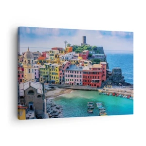 Bild auf Leinwand - Leinwandbild - Eine farbenfrohe Küstenstadt mit einem malerischen Hafen - 70x50cm - Mediterrane Zauberstadt - Moderne Wanddekoration für Wohnzimmer und Schlafzimmer ARTTOR