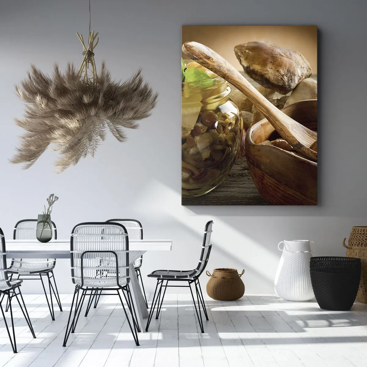 Bild auf Leinwand - Leinwandbild - Natürliche Pilze in einem Glas auf einem rustikalen Tisch - 50x70cm - Ob frisch oder gesalzen, oder in der Herbstsaison ... - Moderne Wanddekoration für Wohnzimmer und Schlafzimmer ARTTOR