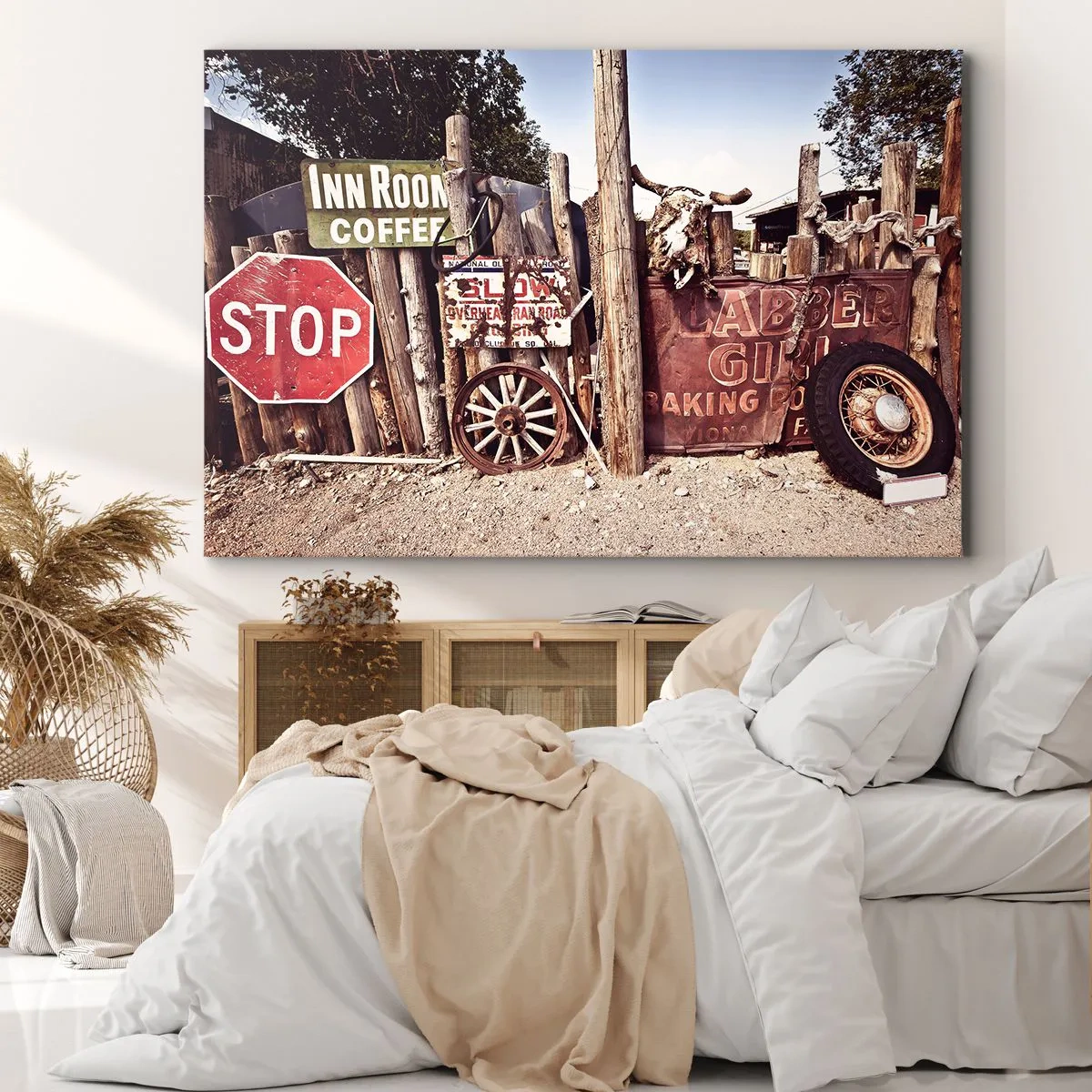 Bild auf Leinwand - Leinwandbild - Rustikale Dekoration mit Schildern und einem Rad am Zaun - 120x80cm - Und die Zeit ist stehen geblieben - Moderne Wanddekoration für Wohnzimmer und Schlafzimmer ARTTOR