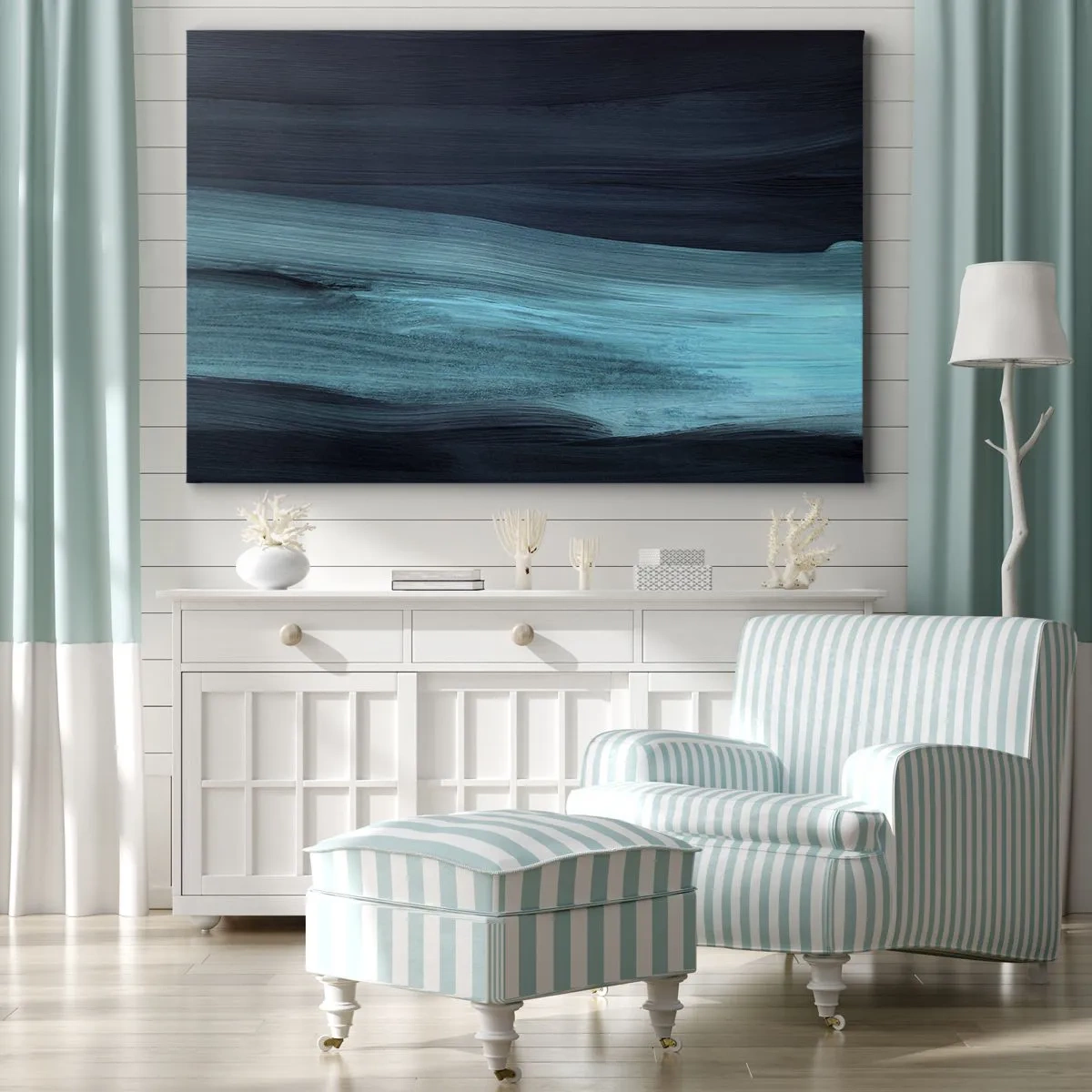Bild auf Leinwand - Leinwandbild - Dezente abstrakte Wellen in dunklen Blautönen - 100x70cm - Gehen Sie mit dem Strom - Moderne Wanddekoration für Wohnzimmer und Schlafzimmer ARTTOR