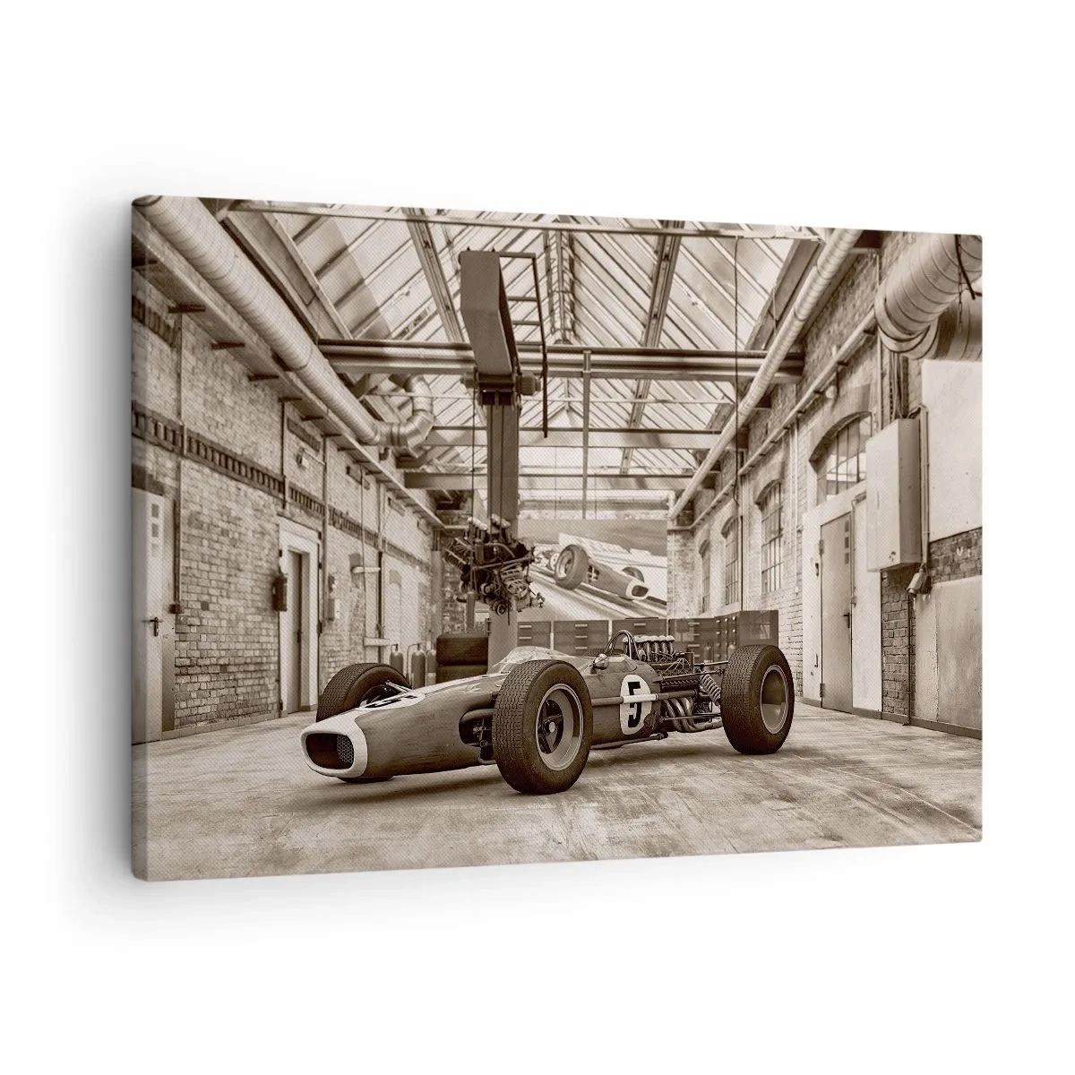 Bild auf Leinwand - Leinwandbild - Schwarz-weißer Rennwagen in einem industriellen Interieur - 70x50cm - Die Siegerruhe - Moderne Wanddekoration für Wohnzimmer und Schlafzimmer ARTTOR