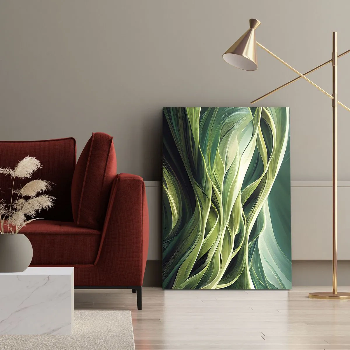 Bild auf Leinwand - Leinwandbild - Dynamische Linien in Grüntönen - 50x70cm - Abstraktes grünes Spiel - Moderne Wanddekoration für Wohnzimmer und Schlafzimmer ARTTOR
