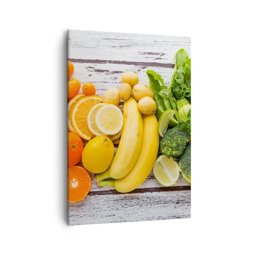 Bild auf Leinwand - Leinwandbild - Buntes Obst und Gemüse auf einem hölzernen Hintergrund - 50x70cm - Es ist nicht genug? - Moderne Wanddekoration für Wohnzimmer und Schlafzimmer ARTTOR